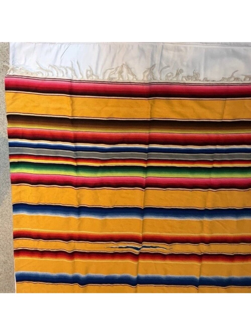 Vintage 80s Yellow Mexican Serape Blanket Colorful Stripes Boho Fringe 82" x 60 - Picture 11 of 16